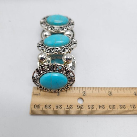 Faux Turquoise Silver Toned Stretch Bracelet With Floral Accents By Erica Lyons - Picture 5 of 5